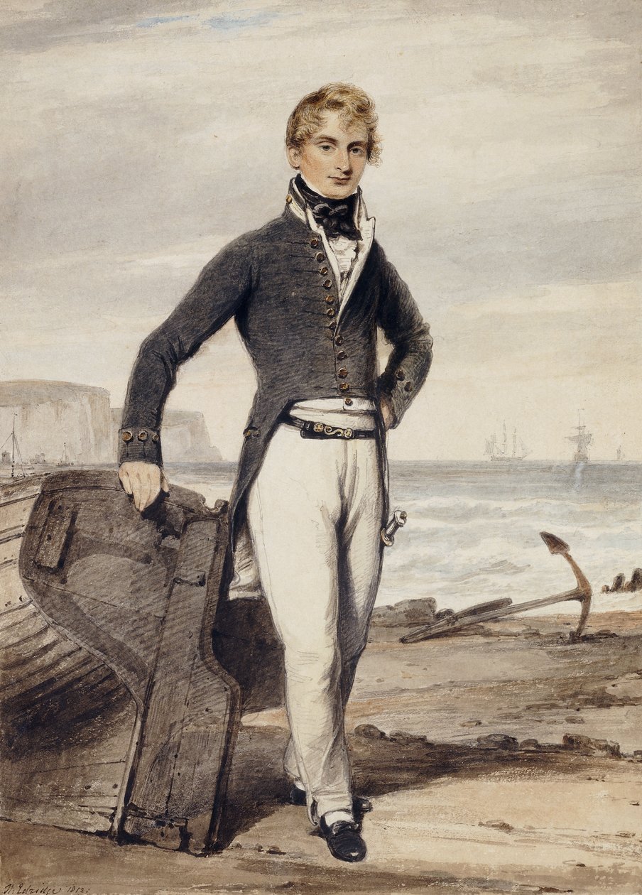 Portrett av Edward Pocock R.N., liten full lengde, stående ved siden av en strandet robåt ved lavvann, av Henry Edridge
