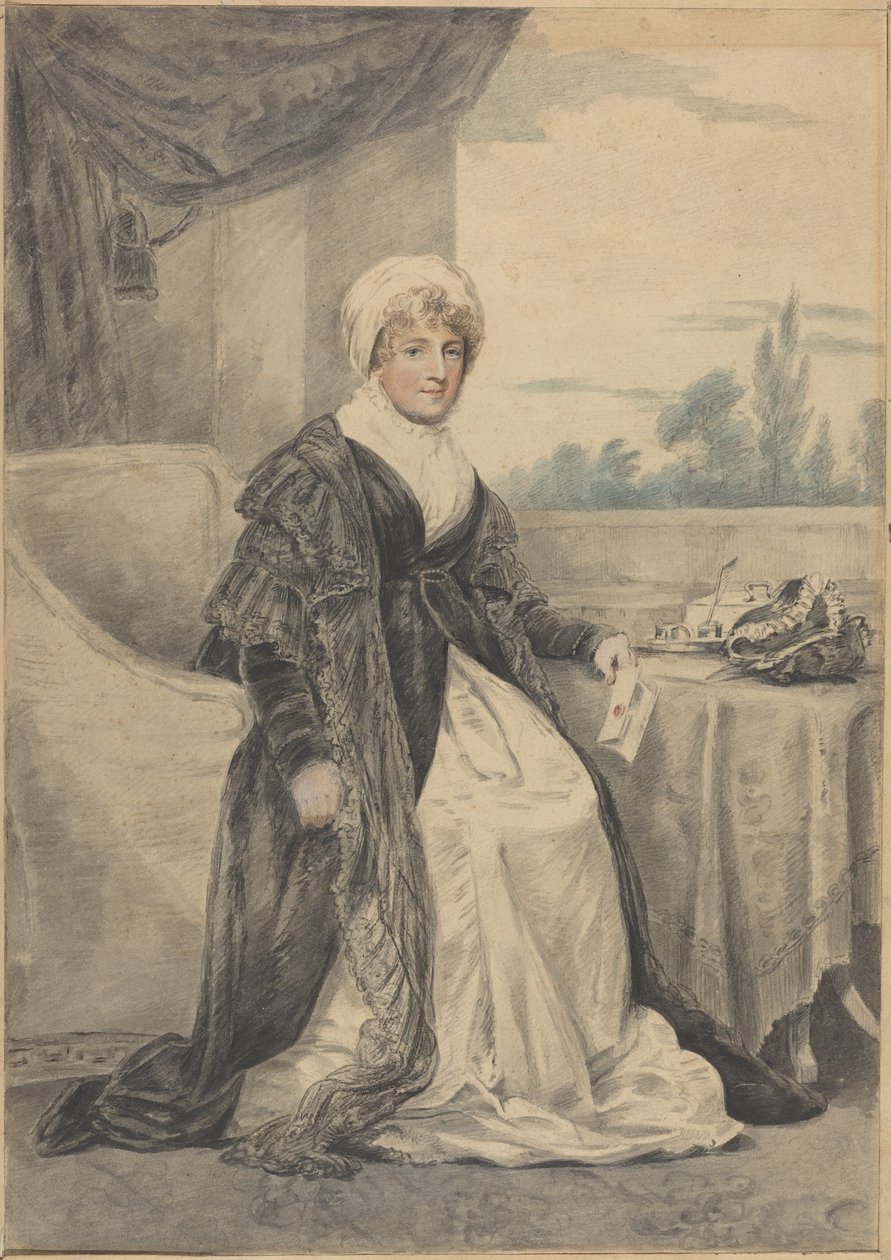 Kvinne sittende ved et bord med et brev i hånden av Henry Edridge
