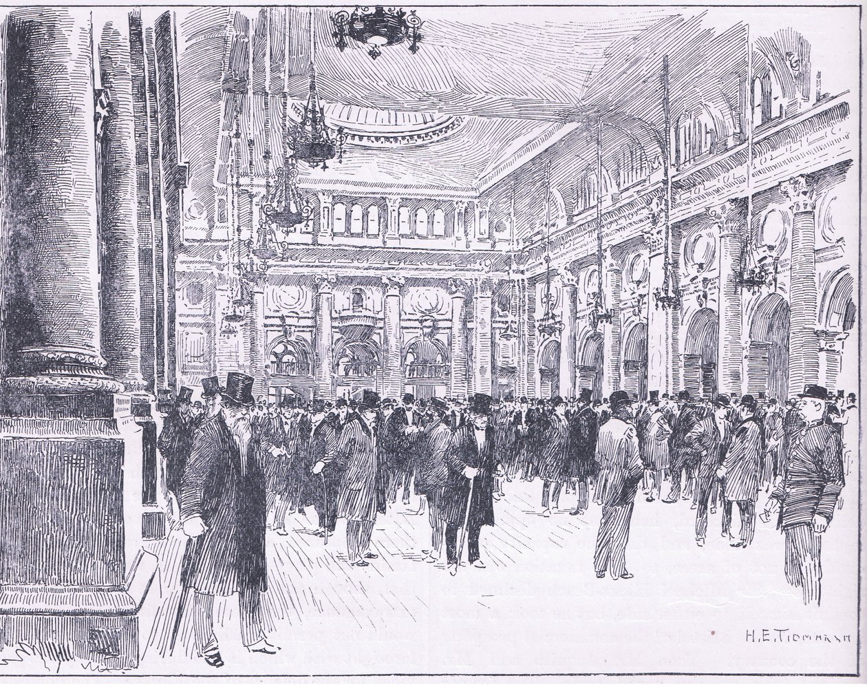 Inne på Royal Exchange i Manchester, illustrasjon fra Cassells History of England, 1900-tallet av Henry Edward Tidmarsh