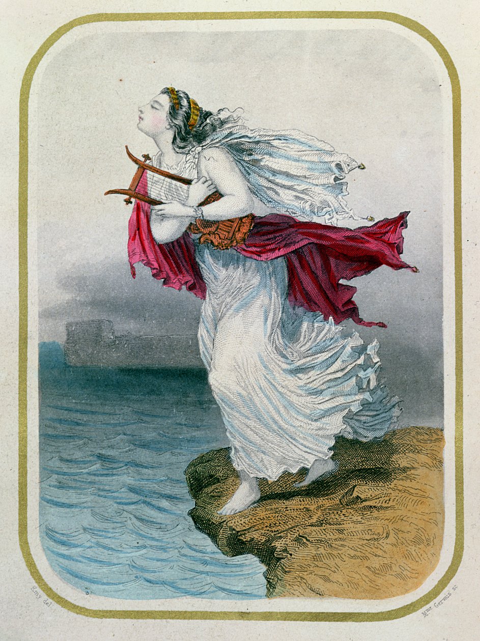 Poetinnen, Sappho, kaster seg i havet, gravert av Mme Gervais, 1849 av Henry Emy