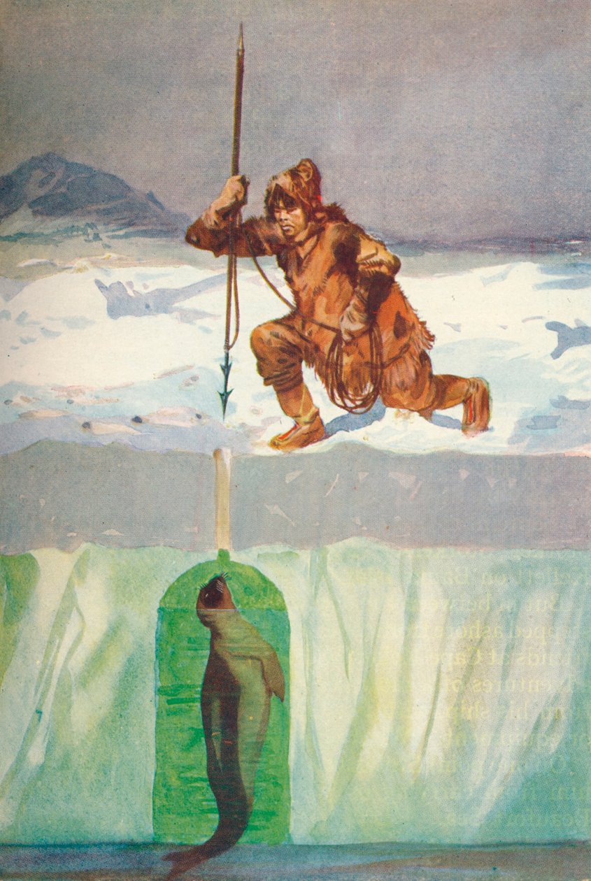 'Eskimo i ferd med å spyd en sel gjennom pustehullet', c1927, 1928 av Henry Evison