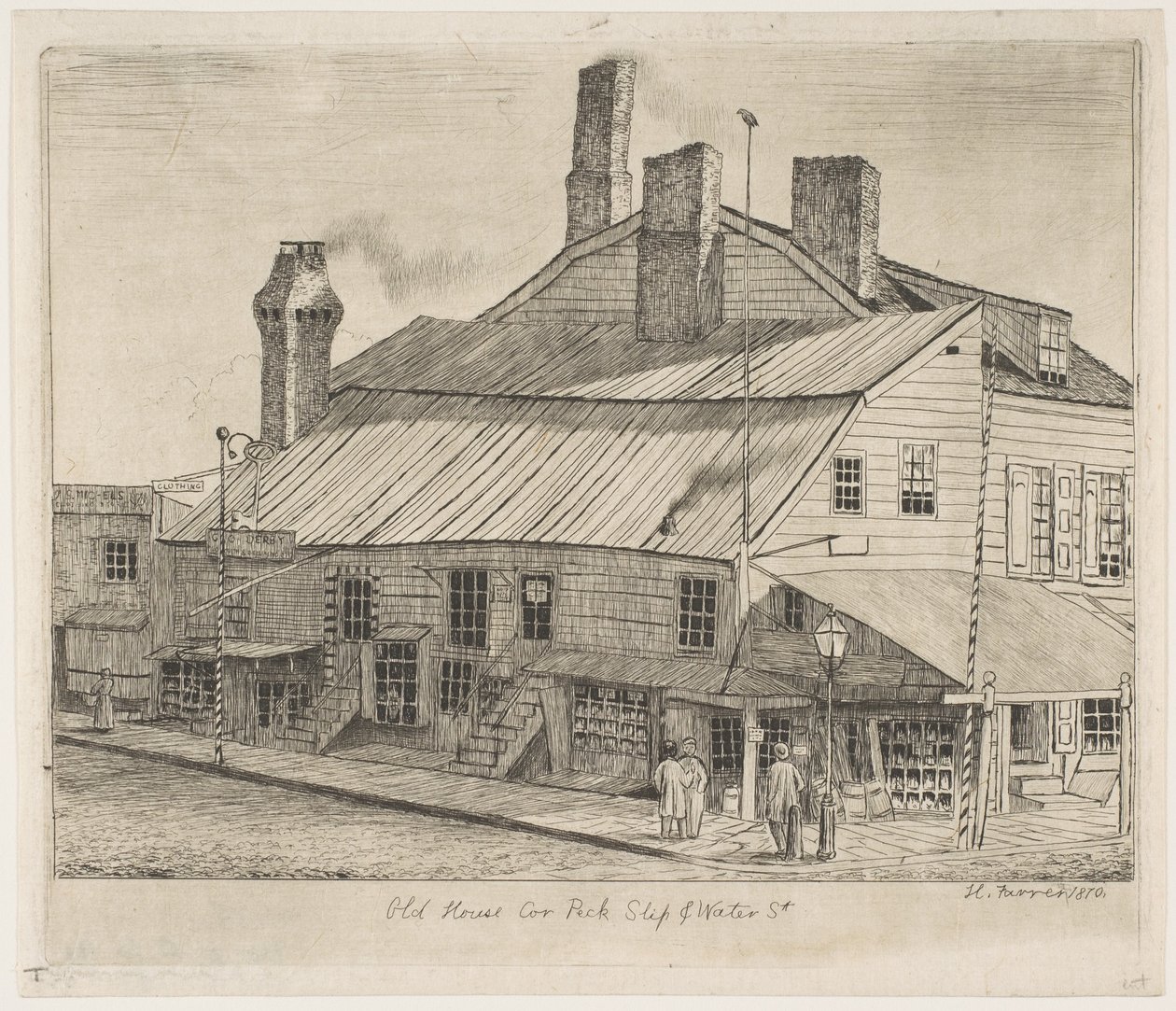Gammelt hus, hjørnet av Peck Slip og Water Street, fra «Scener fra gamle New York» av Henry Farrer