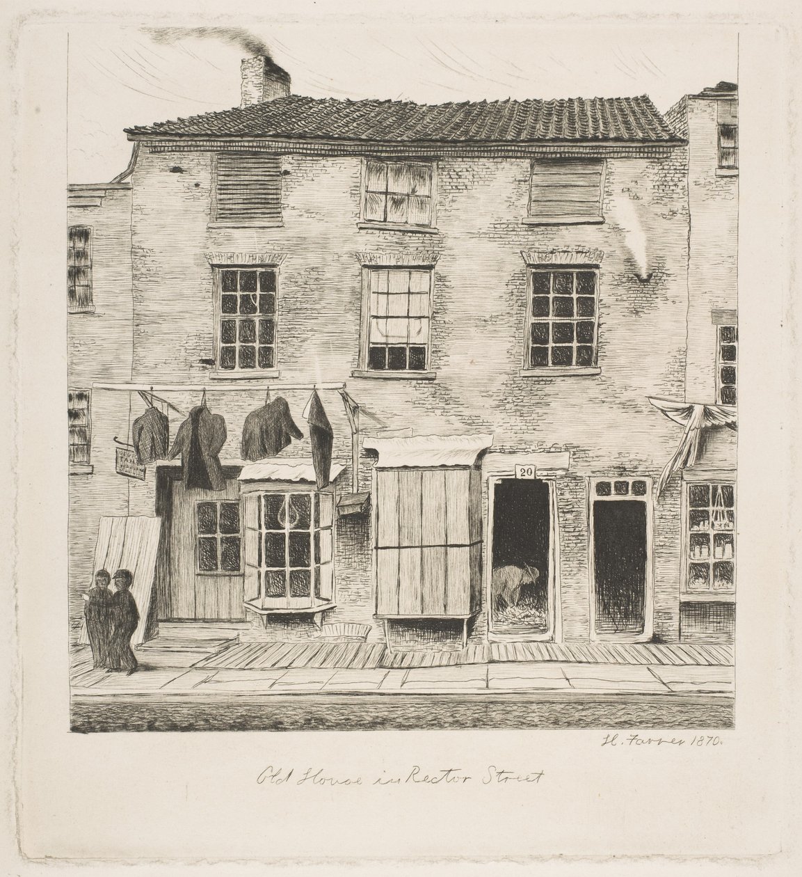 Gammelt hus i Rector Street, fra «Scener fra gamle New York» av Henry Farrer