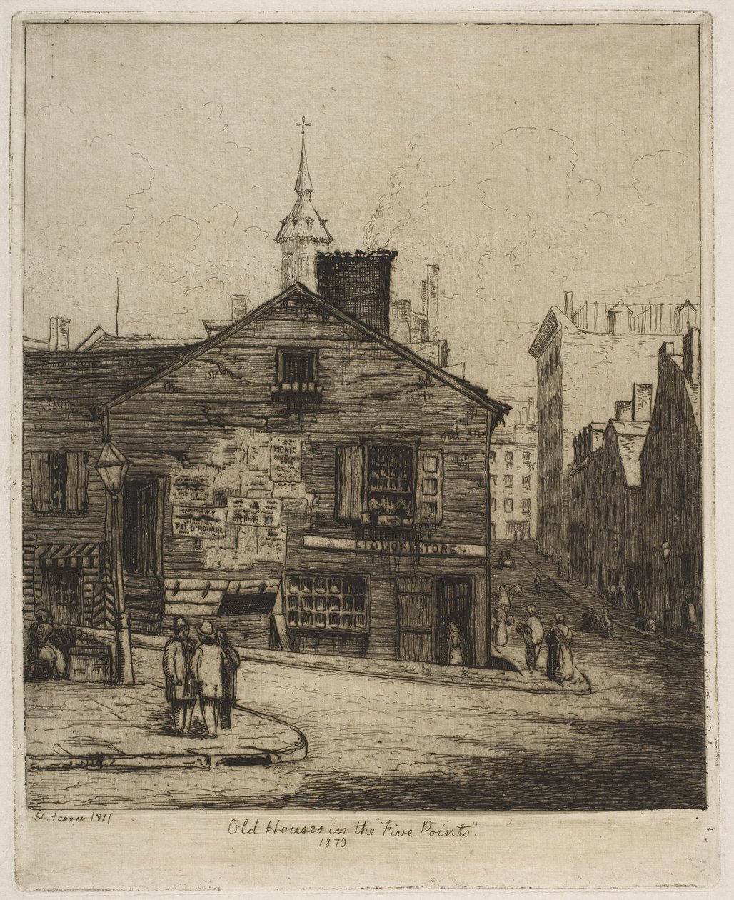 Gamle hus i «Five Points», 1870, fra «Scenes of Old New York» av Henry Farrer