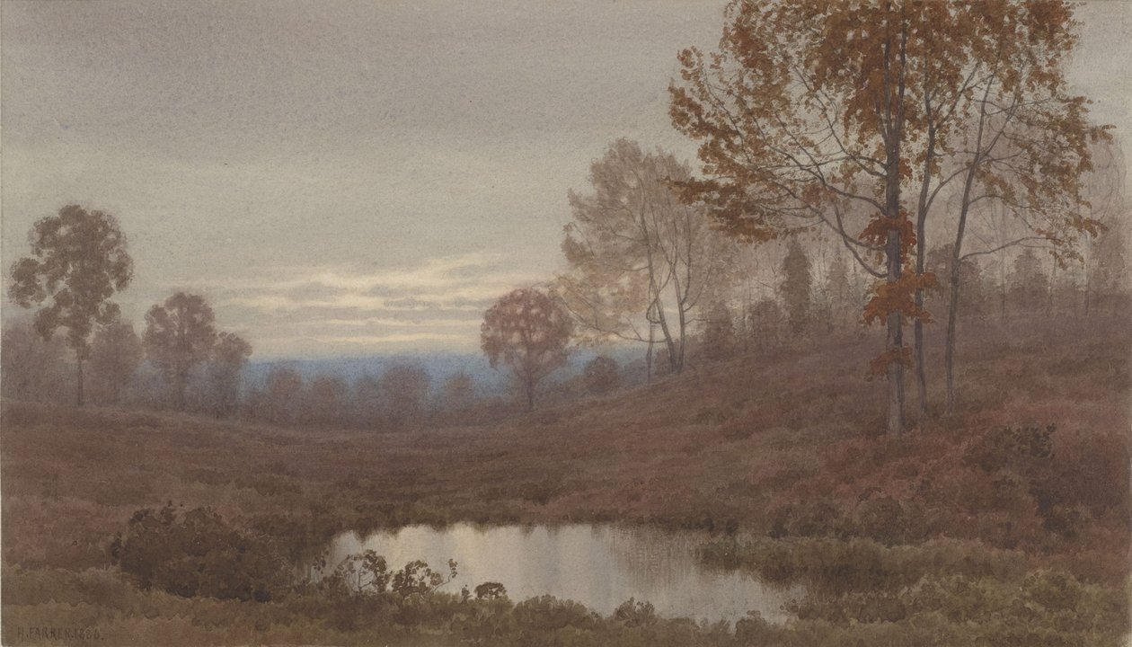 Solnedgangslandskap med dam av Henry Farrer