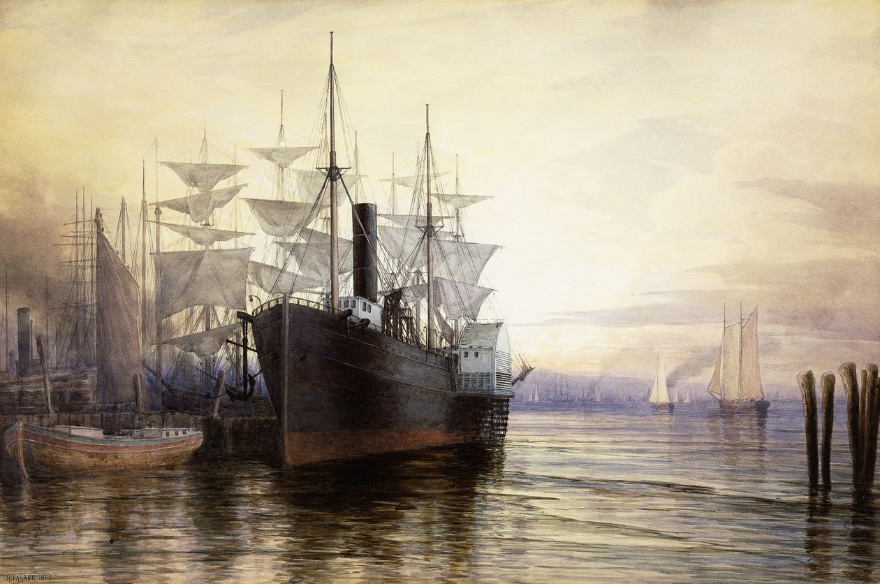 Solnedgang, New York havn, 1880 av Henry Farrer