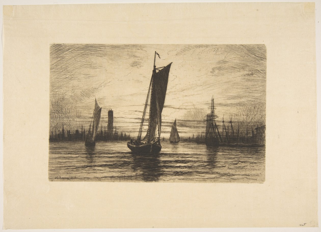 Solnedgang over East River av Henry Farrer