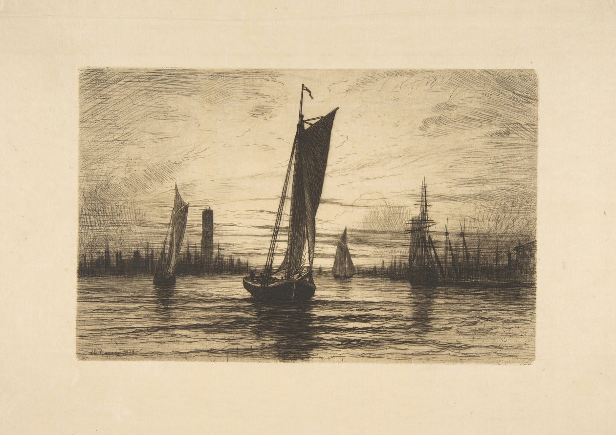 Solnedgang ved East River, 1879. av Henry Farrer