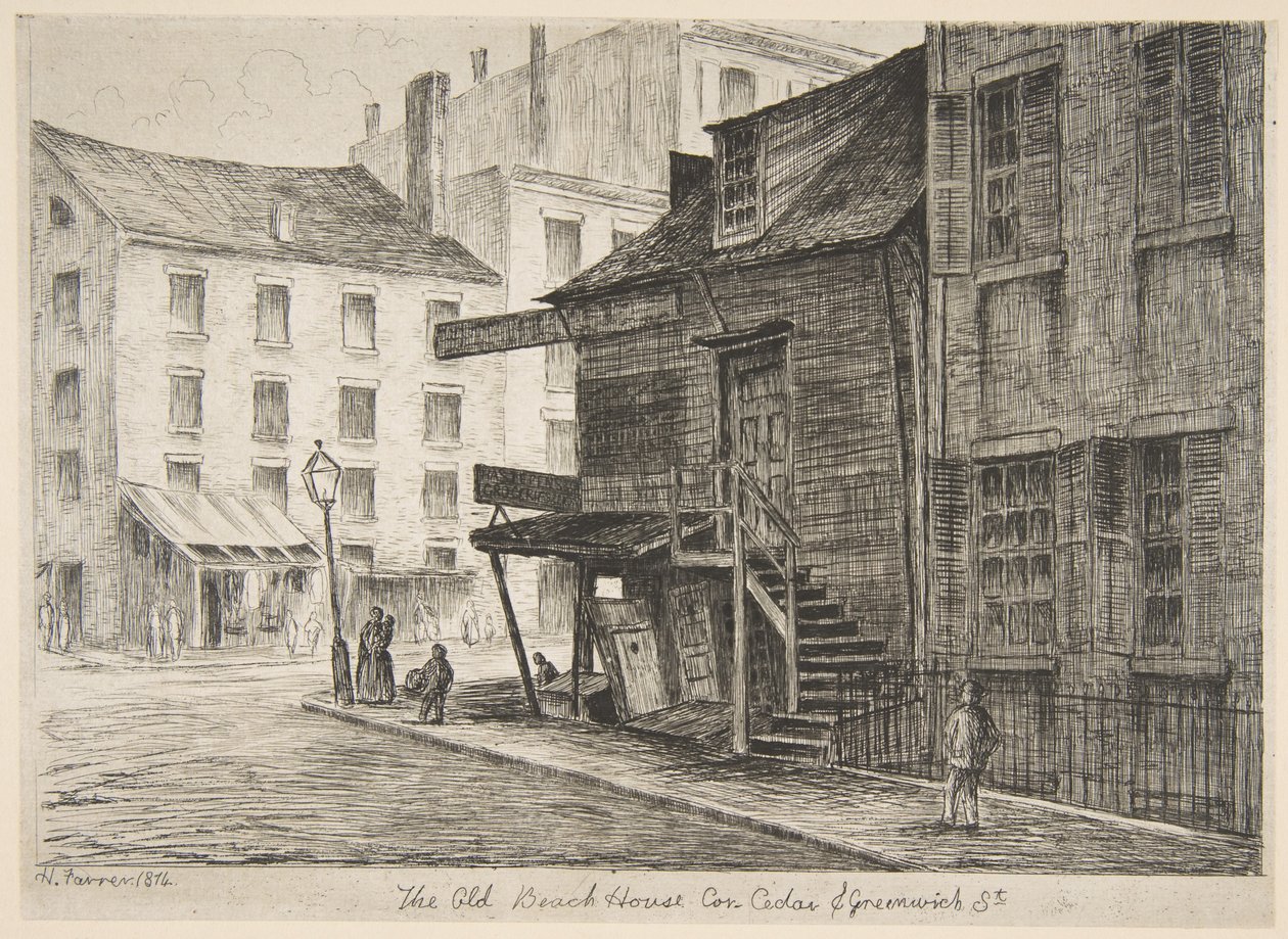Det gamle strandhuset, hjørnet av Cedar Street og Greenwich Street, fra «Scener fra gamle New York» av Henry Farrer
