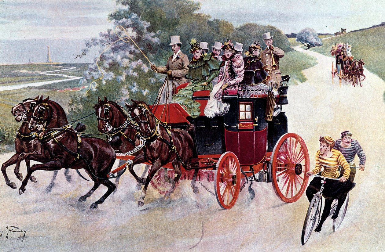 Et stikklass med passasjerer og syklister. Litografi basert på et maleri av Henry Finney (1800-tallet), ca 1890. Privat samling av Henry Finney