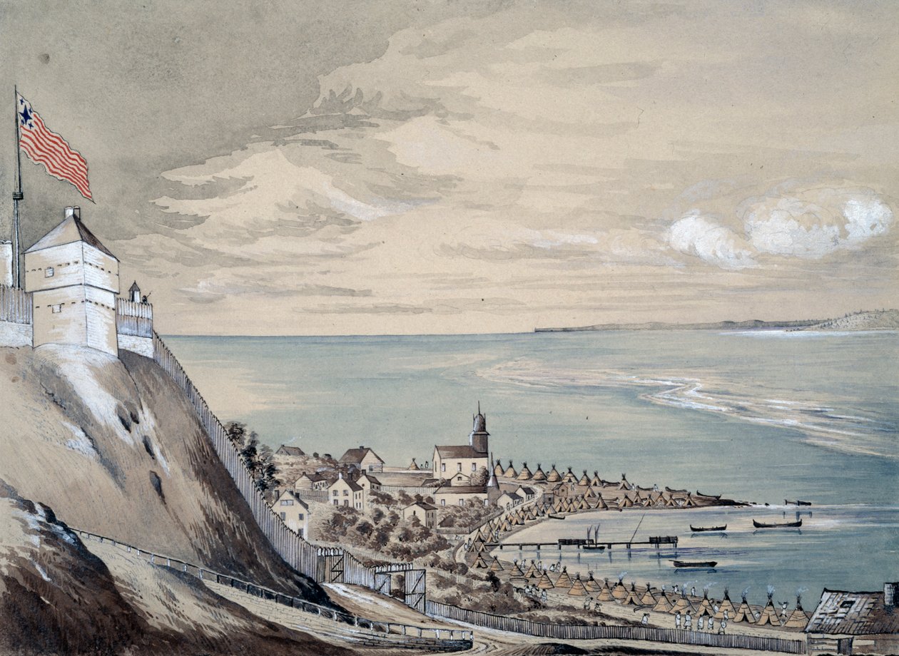 Fort og landsbyen Mackinaw, med det indiske leirleiret, september 1842 (wc på papir) av Henry Francis Ainslie
