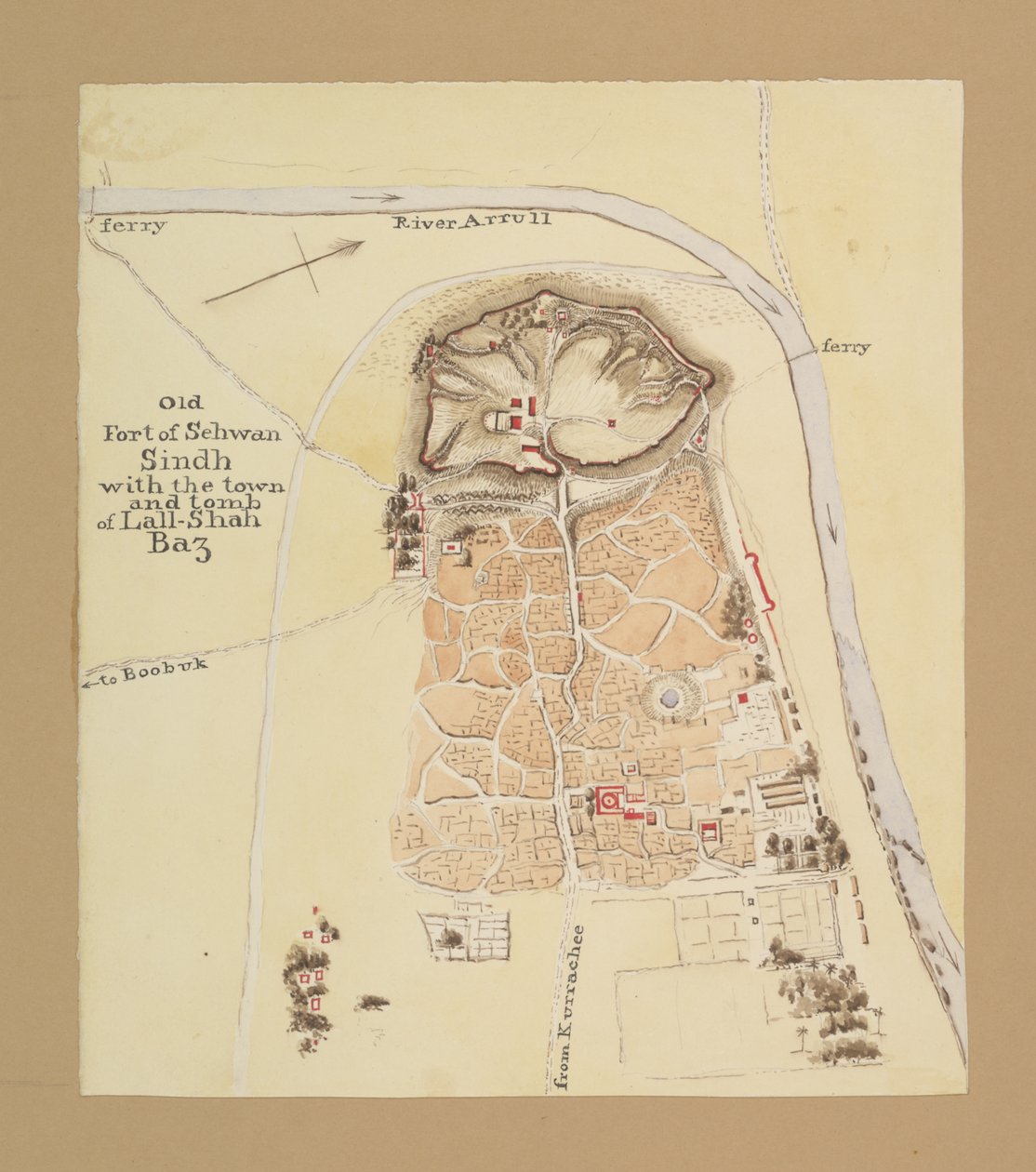 Old Fort of Sehwan, Sindh (blekk og akvarell på papir) av Henry Francis Ainslie