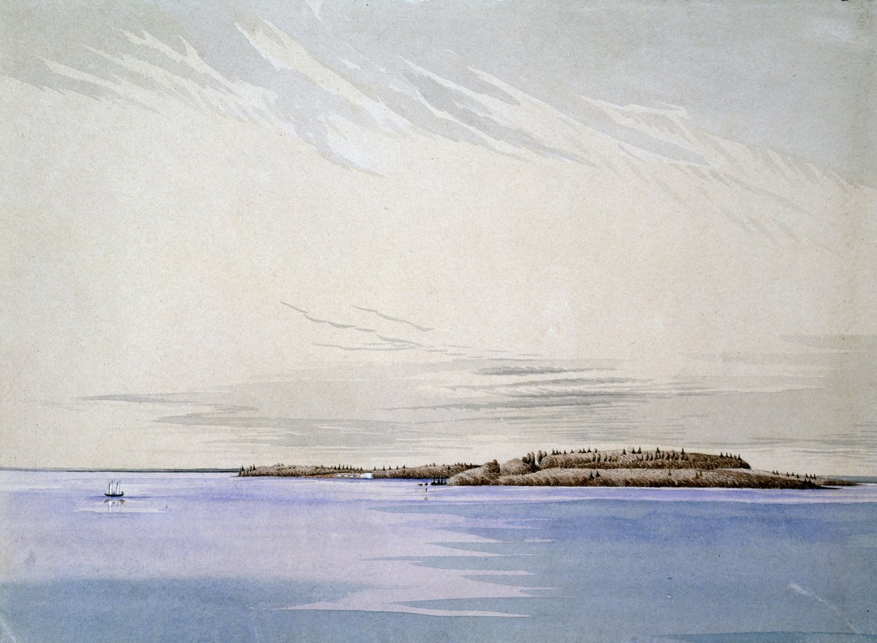 Gamle Mackinaw, med det franske fortet, 1842 (wc på papir) av Henry Francis Ainslie