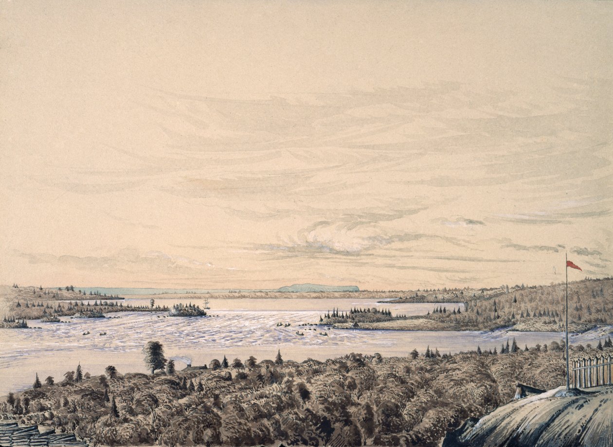 Sault de Ste. Marie mellom Lakes Huron og Superior, 1842 (wc på papir) av Henry Francis Ainslie