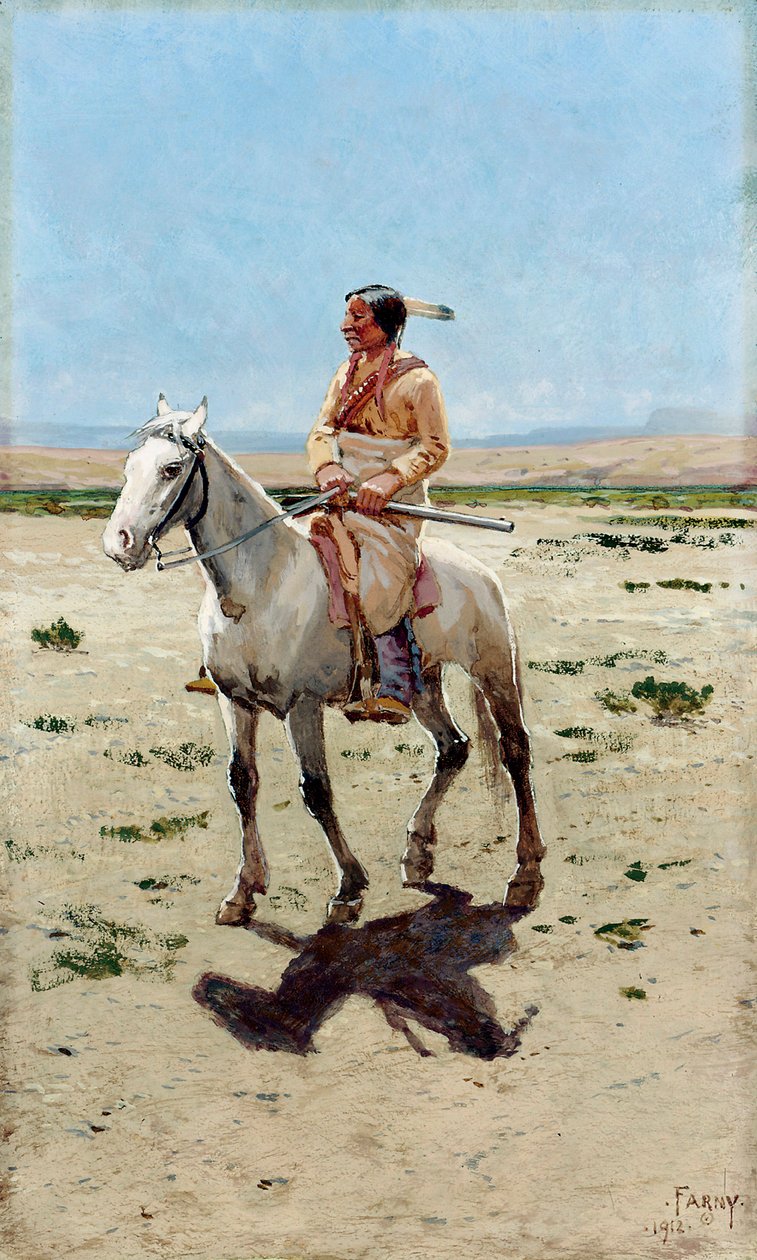 Cheyenne Scout. En indianer på hest med rifle. Maleri av Henry Francois Farny (1847–1916). av Henry Francois Farny