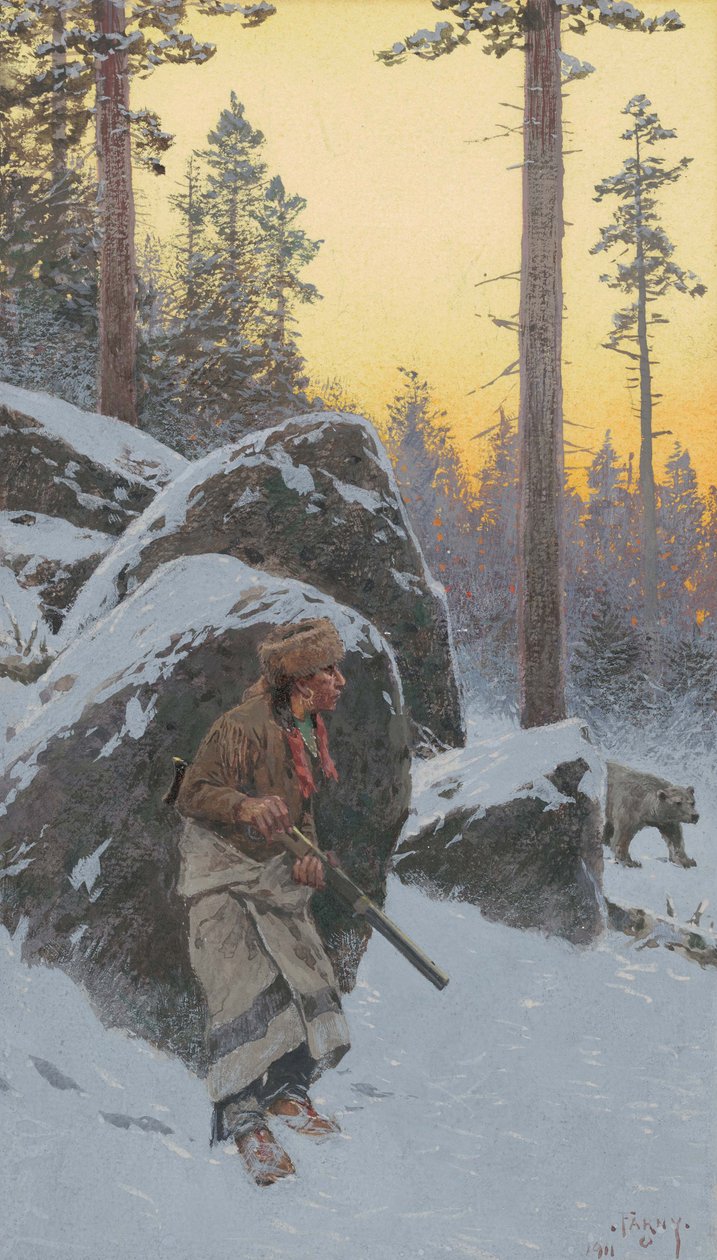 The Indian Bear Hunter, 1911 (akvarell på papir montert om bord) av Henry Francois Farny