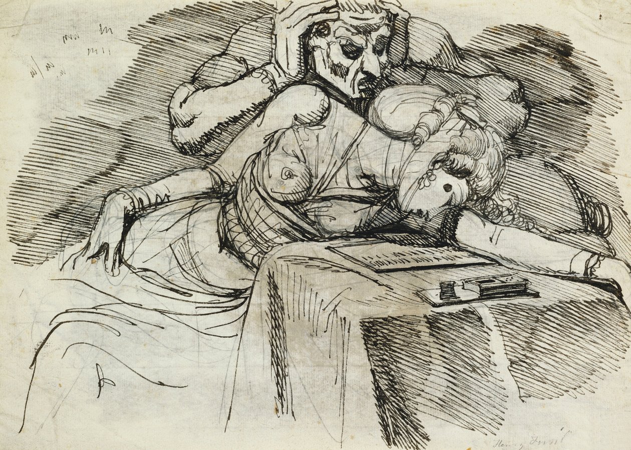 En kvinne som svimer ved et skrivebord, med en truende figur bak av Johann Heinrich Füssli