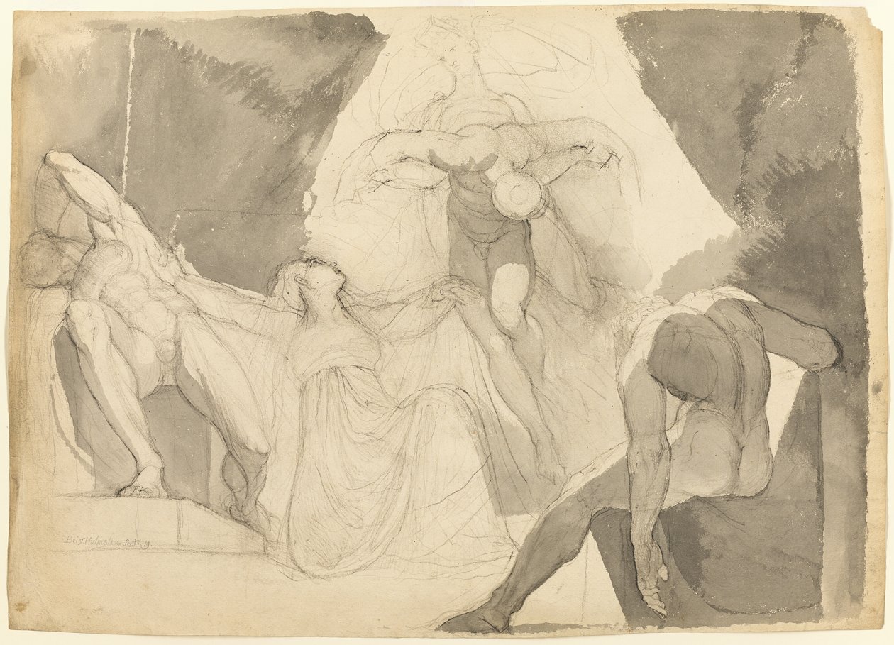 Hjulpet av Eeriboia, bærer Hermes bort de utmattede arene fra de sovende sønnene til Aloeus (recto); Skisse av en av de sovende sønnene til Aloeus (verso) av Johann Heinrich Füssli