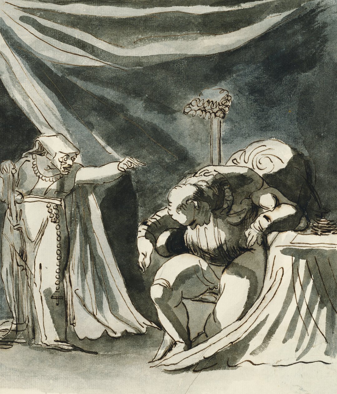 En gammel kvinne som bærer en rosenkrans og forbanner en sittende mann; Muligens dronning Margaret som forbanner hertugen av Gloucester, av Johann Heinrich Füssli