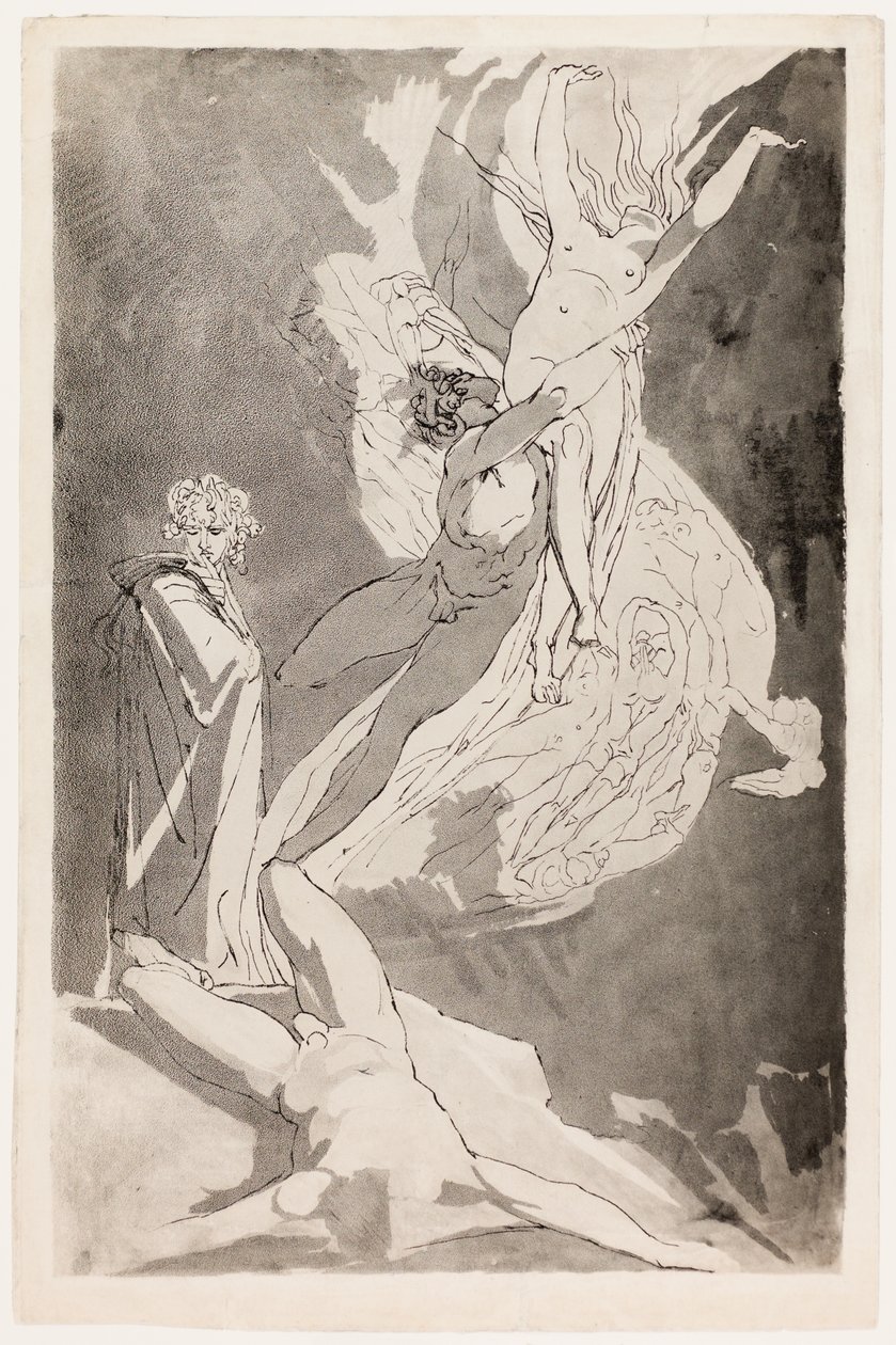 Dante Swoons før Soaring Souls of Paolo og Francesca, Virgil ved hans side av Johann Heinrich Füssli