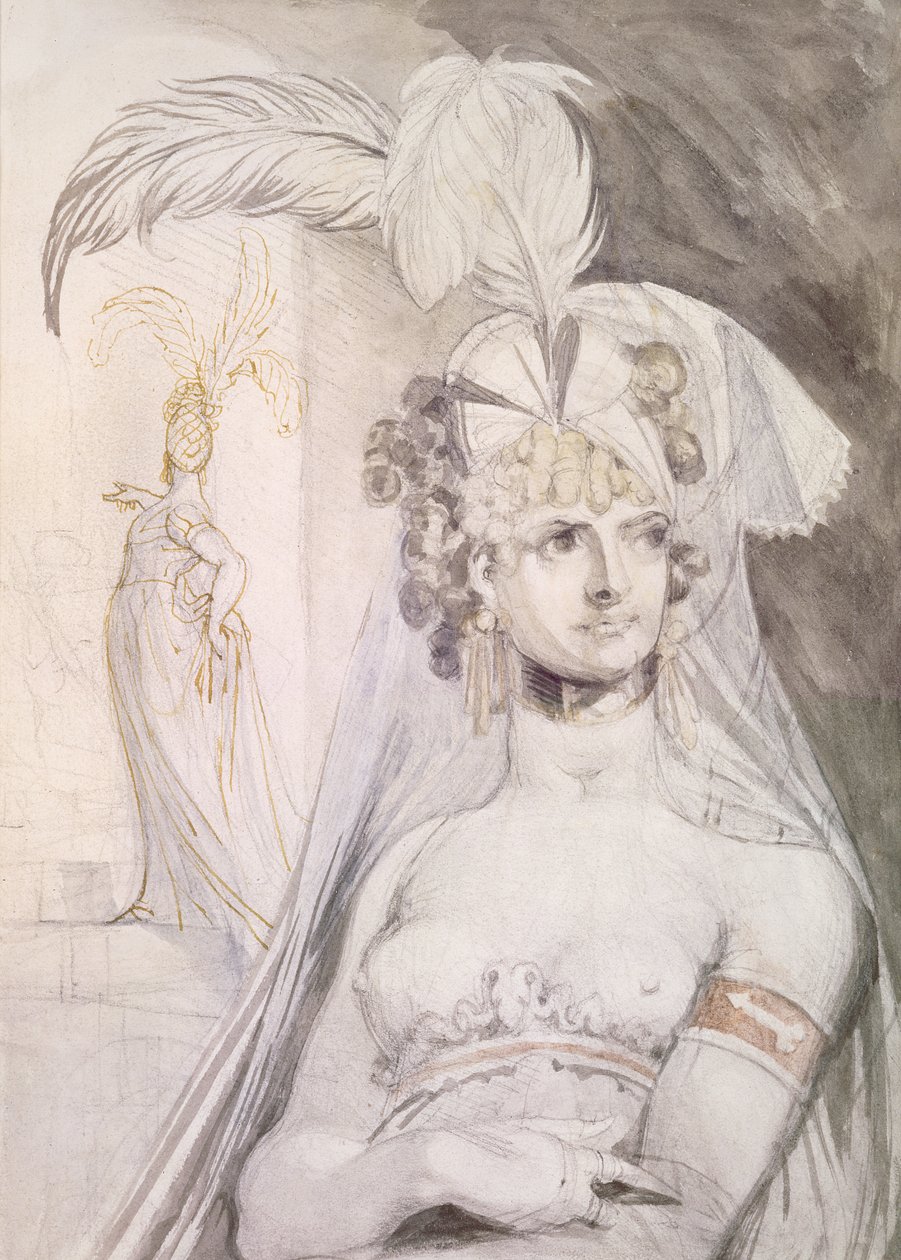 Halvfigur av en kurtisane med fjær, en sløyfe og et slør i håret, 1800-10 (blyant, wc og blekk på papir) av Johann Heinrich Füssli