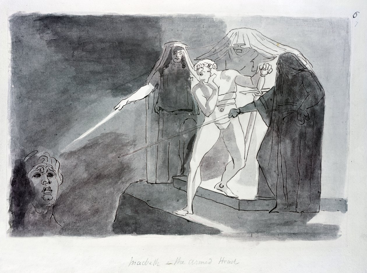 Macbeth and the Armed Head (penn og vask på papir) av Johann Heinrich Füssli