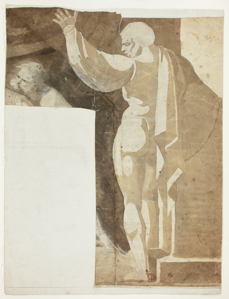 Mannsfigur med venstre arm hevet sett fra baksiden, og fragment av gammel mann av Johann Heinrich Füssli