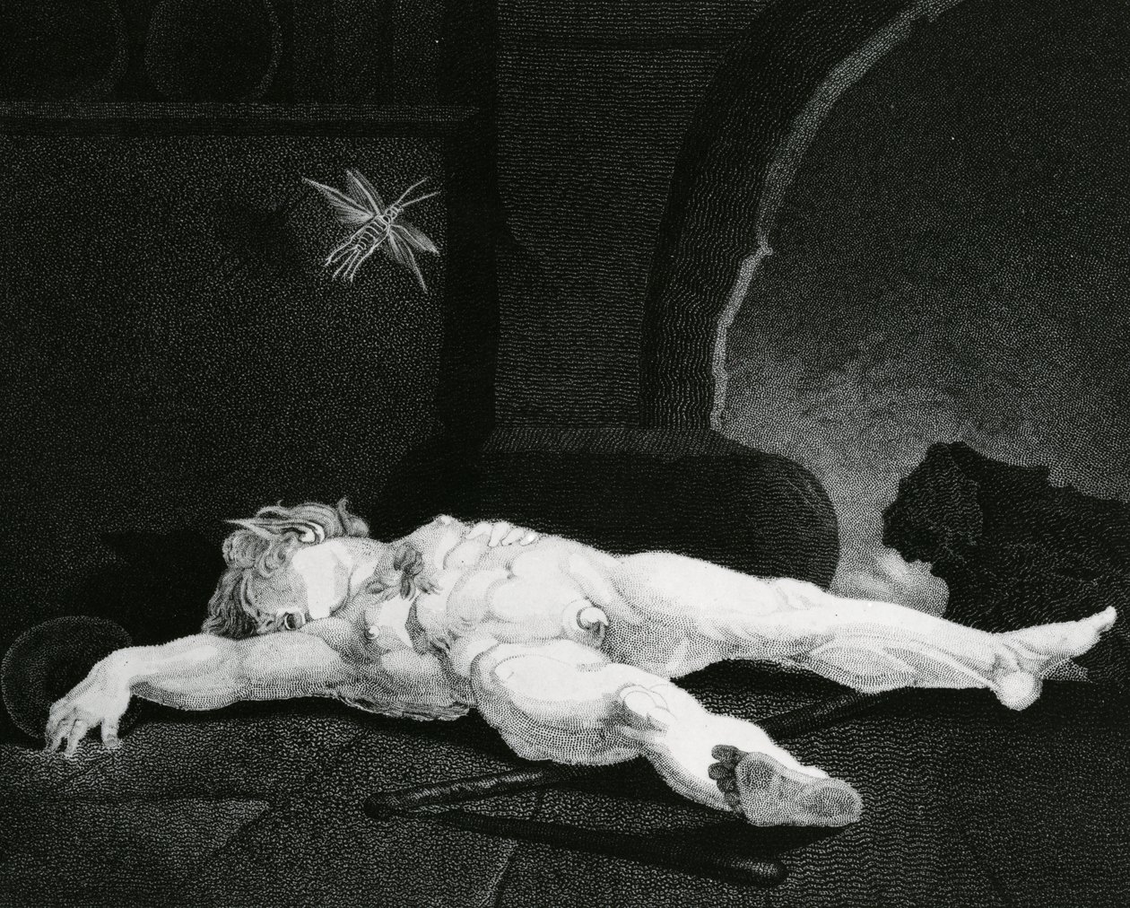 Puck soler seg i søvn foran Country Hearth, gravert av Moses Haughton Jr. av Johann Heinrich Füssli