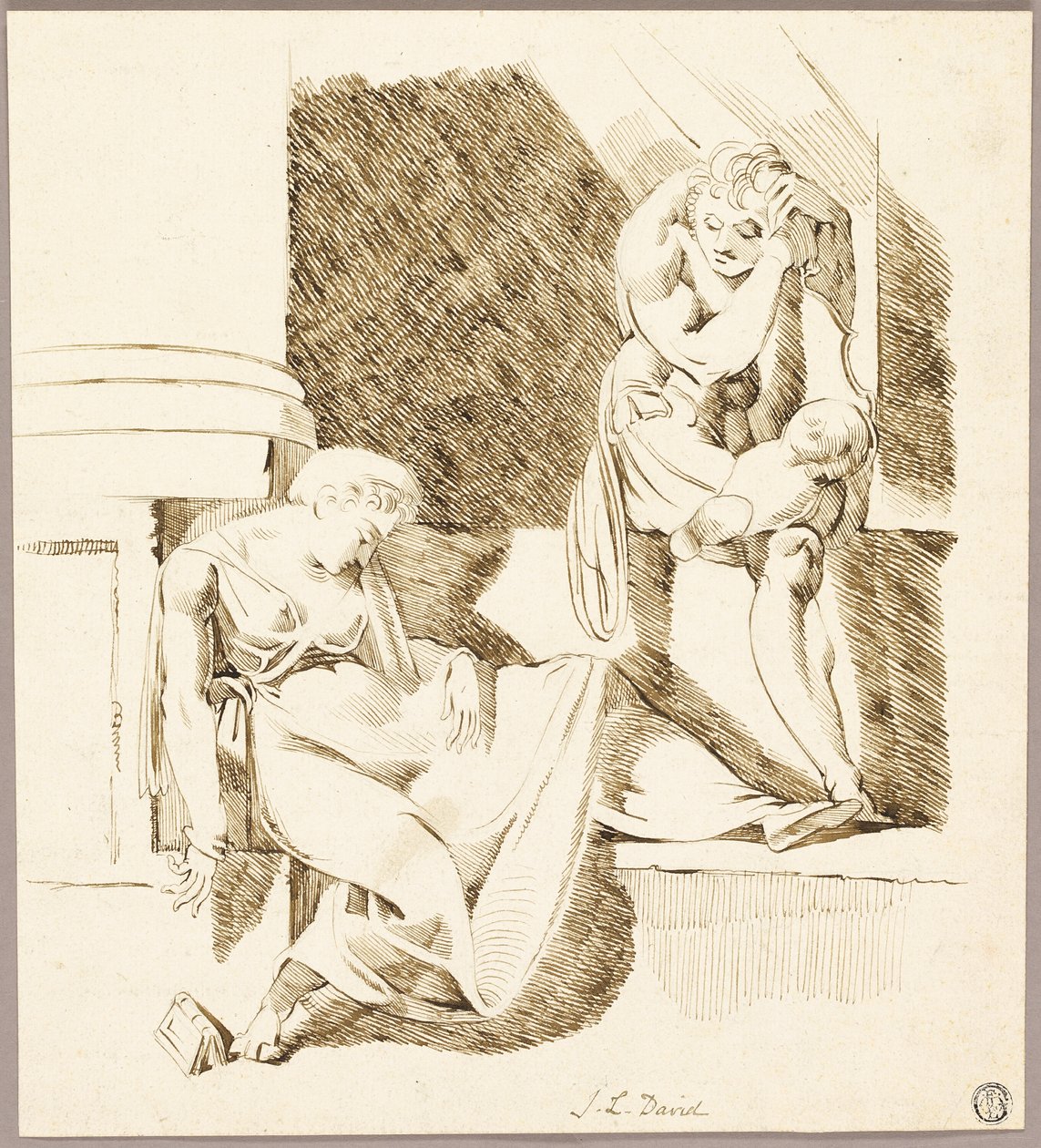 Sittende trubadur ser på kvinnen som sover på avsatsen av Johann Heinrich Füssli