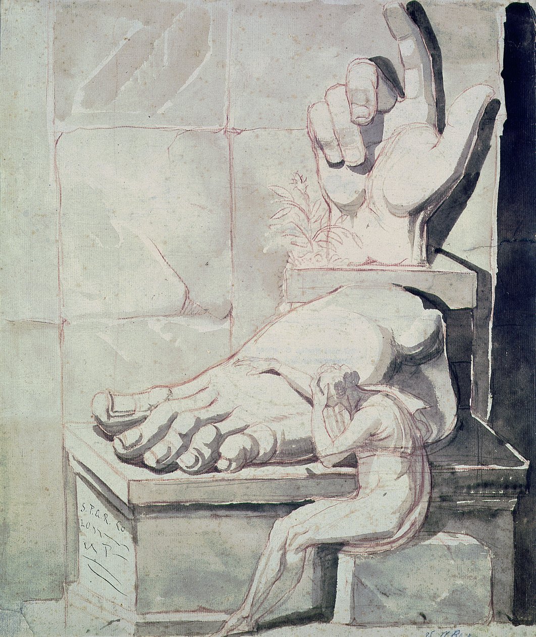 The Artist in Despair over Magnitude of Antique Fragments (høyre hånd og venstre fot av Colossus of Constantine) 177880 (rødt kritt og sepia vask på papir) av Johann Heinrich Füssli