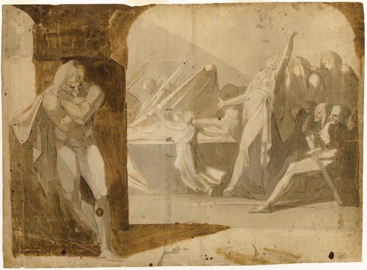 Hertugen av Gloucester ligger og venter på Lady Anne ved begravelsesprosesjonen til svigerfaren hennes, kong Henry VI (recto); Stående naken mann, lener seg fremover (verso) av Johann Heinrich Füssli