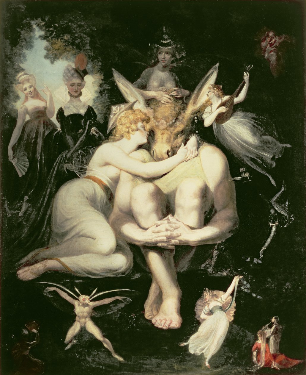 Titania Awakes, omgitt av ledsagende feer, klamrer seg henrykt til bunnen, fortsatt iført eselhodet, 1793-4 av Johann Heinrich Füssli