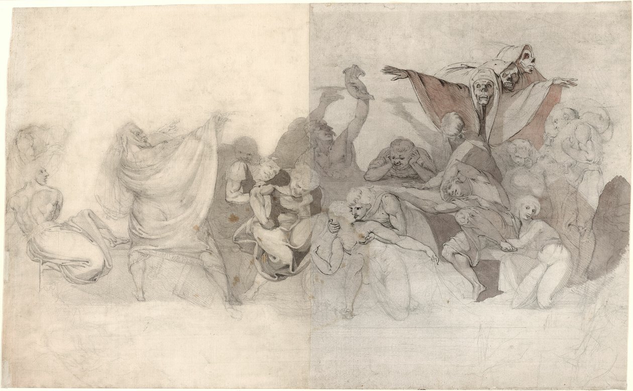 Triumph of Death: Tre skjeletter som invaderer en Bacchanal orkestrert av en tryllekunstner eller en ond demon av Johann Heinrich Füssli