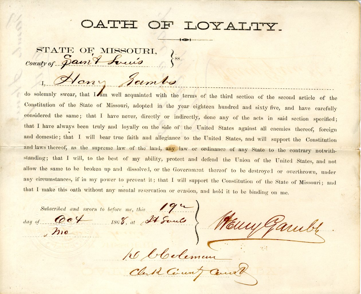 Lojalitetsed av Henry Gambs fra Missouri, County of Louis av Henry Gambs