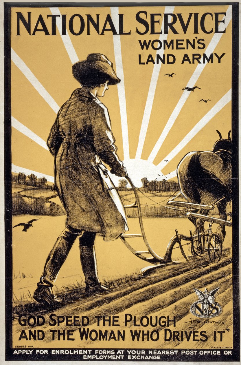 National Service Women's Land Army, Gud fart på plogen og kvinnen som kjører den, pub. London, ca. 1917 av Henry George Gawthorn