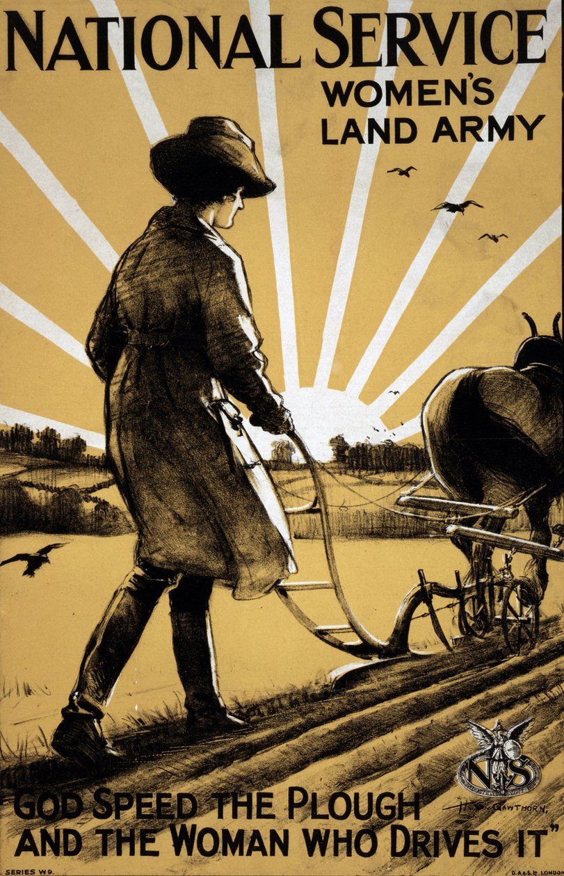 Første verdenskrig: "A Young Woman Ploughing the Land"" propagandaplakat for kvinnenes landhær 1917 Illustrasjon av Henry George Gawthorn (1879-1941) DR av Henry George Gawthorn