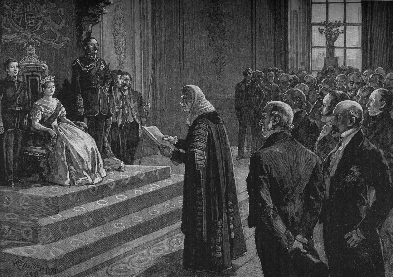 Peers og Commoners presenterer patriotisk adresse til dronningen på kvelden for Krim-krigen, 1891 av Henry Gillard Glindoni