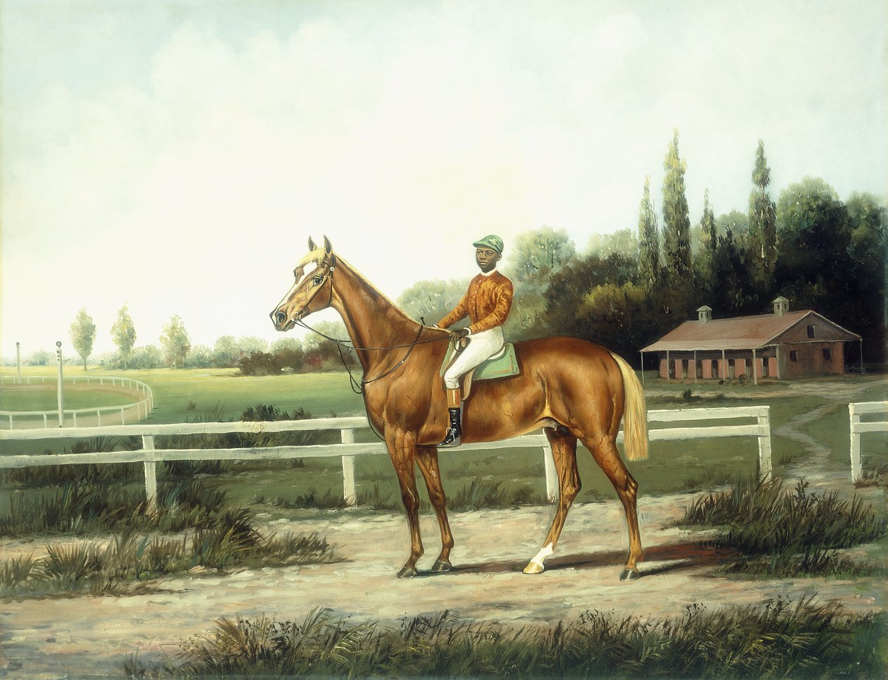 En kastanje veddeløpshest med jockey oppe på en treningsbane med staller bortenfor, av Henry H. Cross