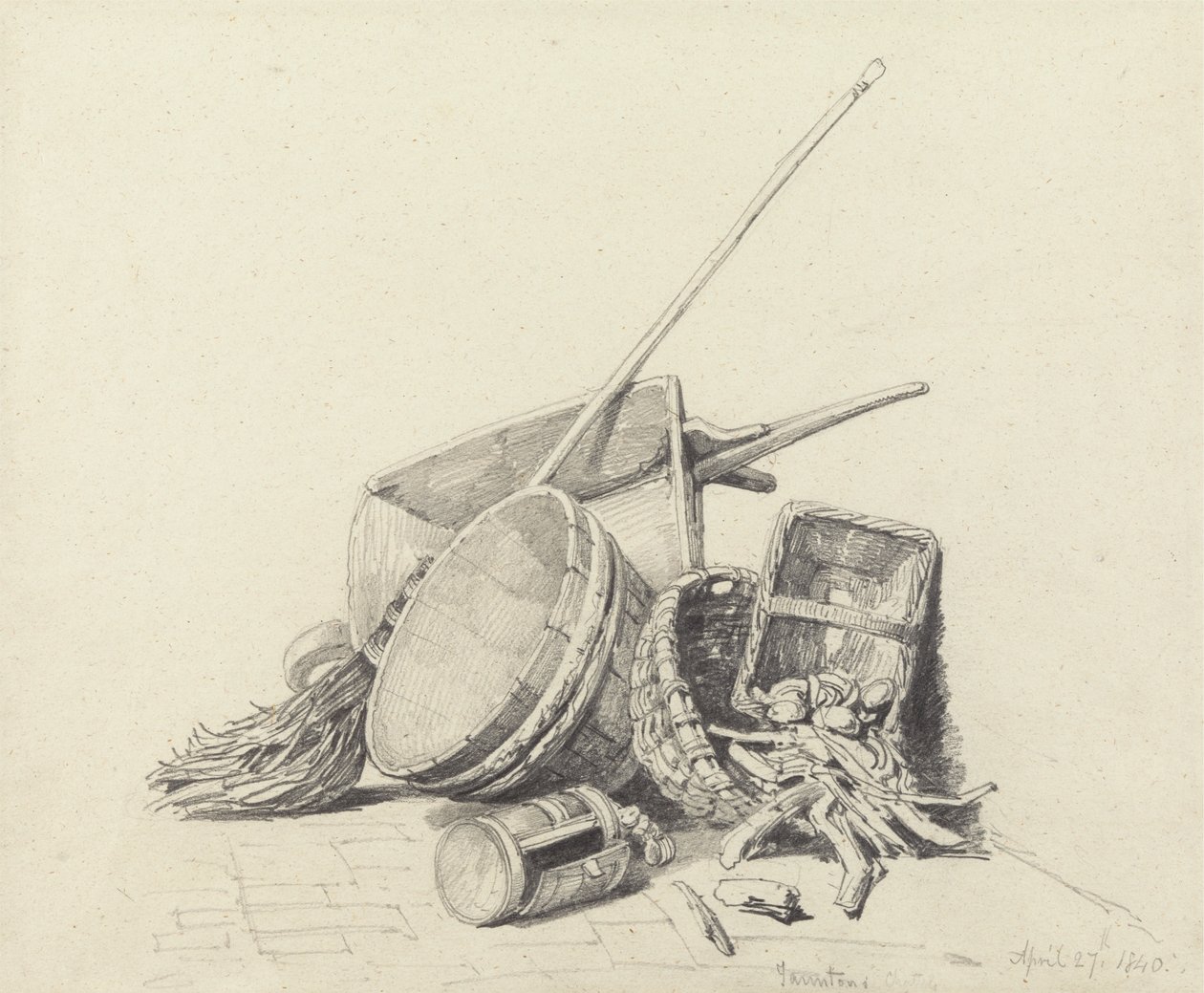 Stilleben med trillebår og kurver, 27. april 1840 av Henry Harris Lines