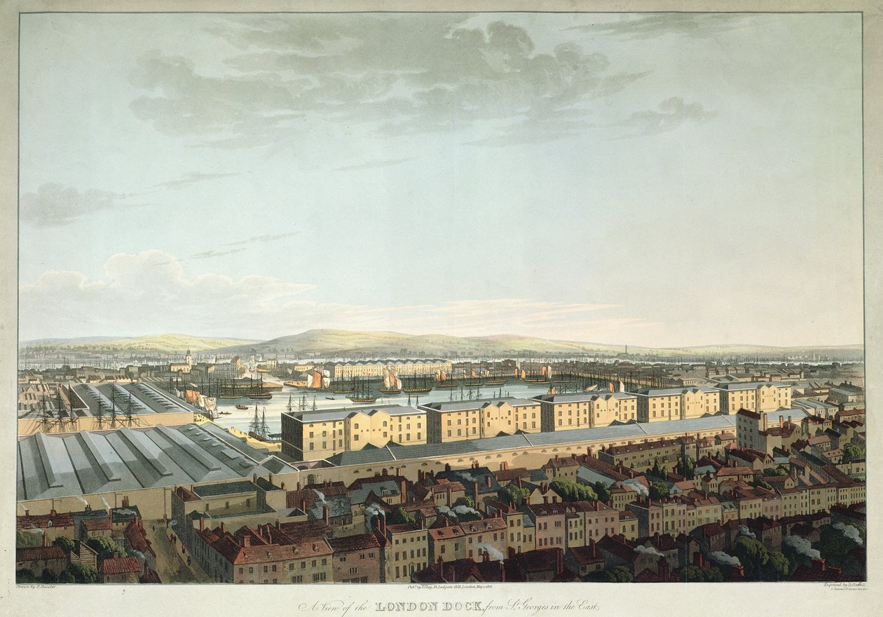 En utsikt over London Dock fra St. Georges-in-the-East, gravert av Daniel Havell, pub. av T. Clay, 1816 (akvatint) av Henry Haseler