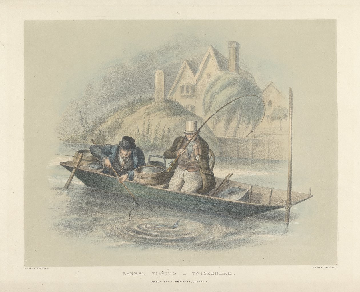 Barbel Fishing, Twickenham, fra et sett med seks bilder av Angling (håndfarget litho) av Henry Heath