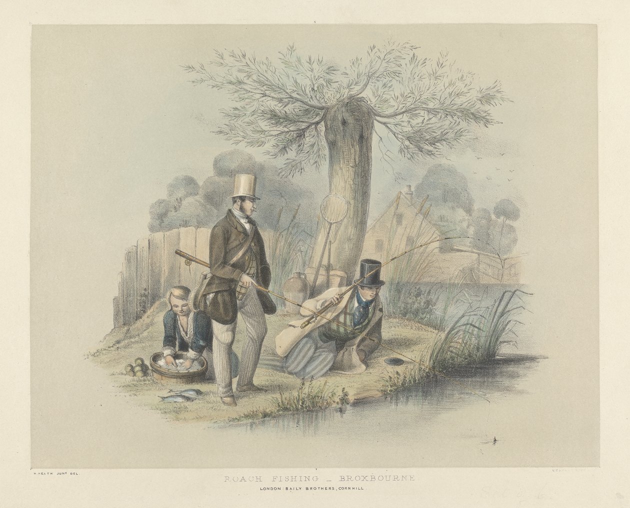 Mortfiske, Broxbourne, fra et sett med seks bilder av Angling (håndfarget litho) av Henry Heath