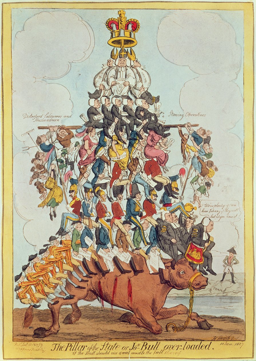 The Pillar of the State, eller John Bull Overloaded, etter Cruikshank i 1819, 1827 (se 22565) av Henry Heath