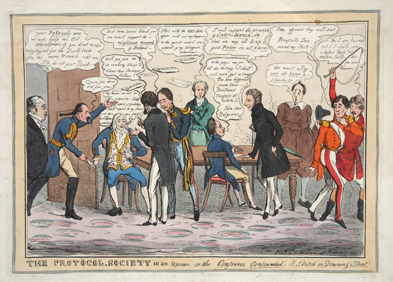 Protokollsamfunnet i et opprør, eller konferansedeltakerne forvirret. En skisse i Downing Street, pub. 1831 (håndfarget gravering) av Henry Heath