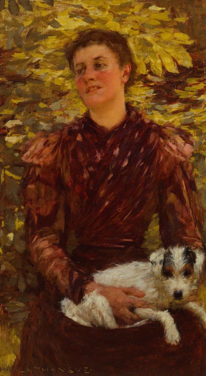 Ung jente med en hund (olje på lerret) av Henry Herbert La Thangue