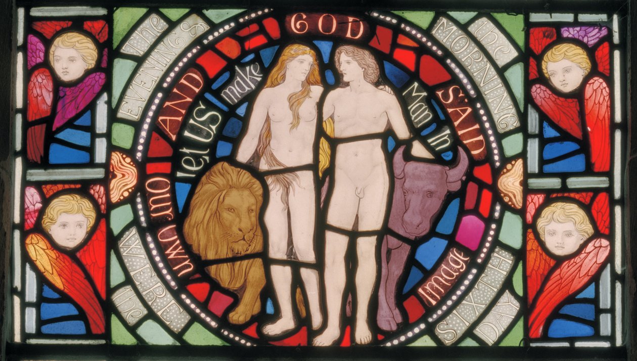 Adam og Eva, Benedicite Vindudetalj, ca. 1895 (farget glass) av Henry Holiday