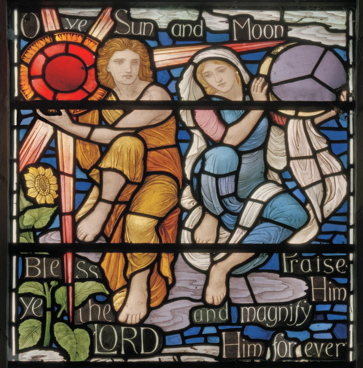 O Ye Sun & Moon, Benedicite Vindudetalj, ca. 1895 (farget glass) av Henry Holiday