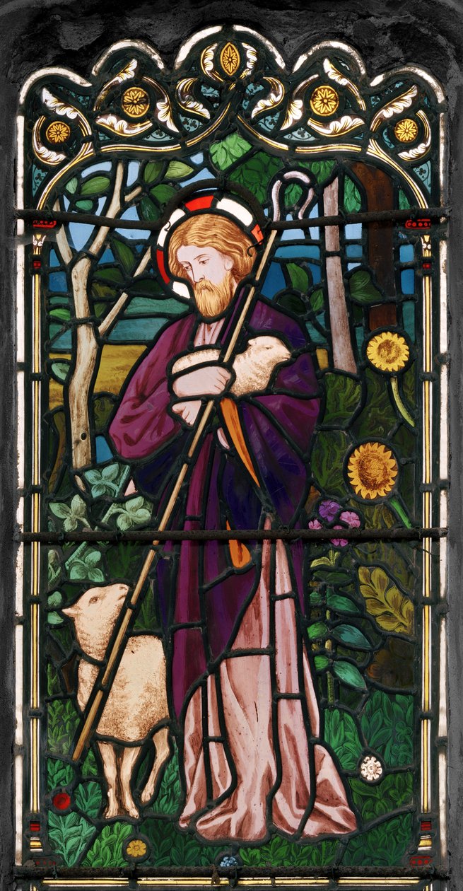 Den gode hyrde, 1866 (farget glass) av Henry Holiday