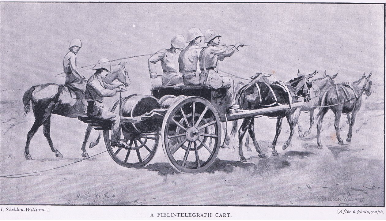En felttelegrafvogn, fra After Pretoria: The Guerilla War utgitt av Harmsworth Bros Limited, 1901 av Henry Inglis Jodrel Sheldon Williams