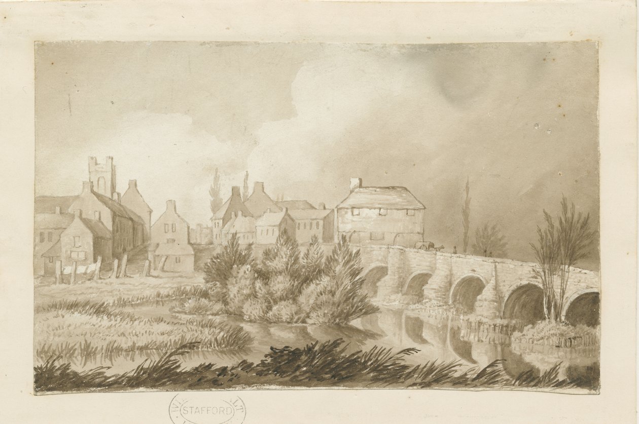 Burton-upon-Trent Bridge and Town: sepia-tegning, nd [c 1840] av Henry James Noyes